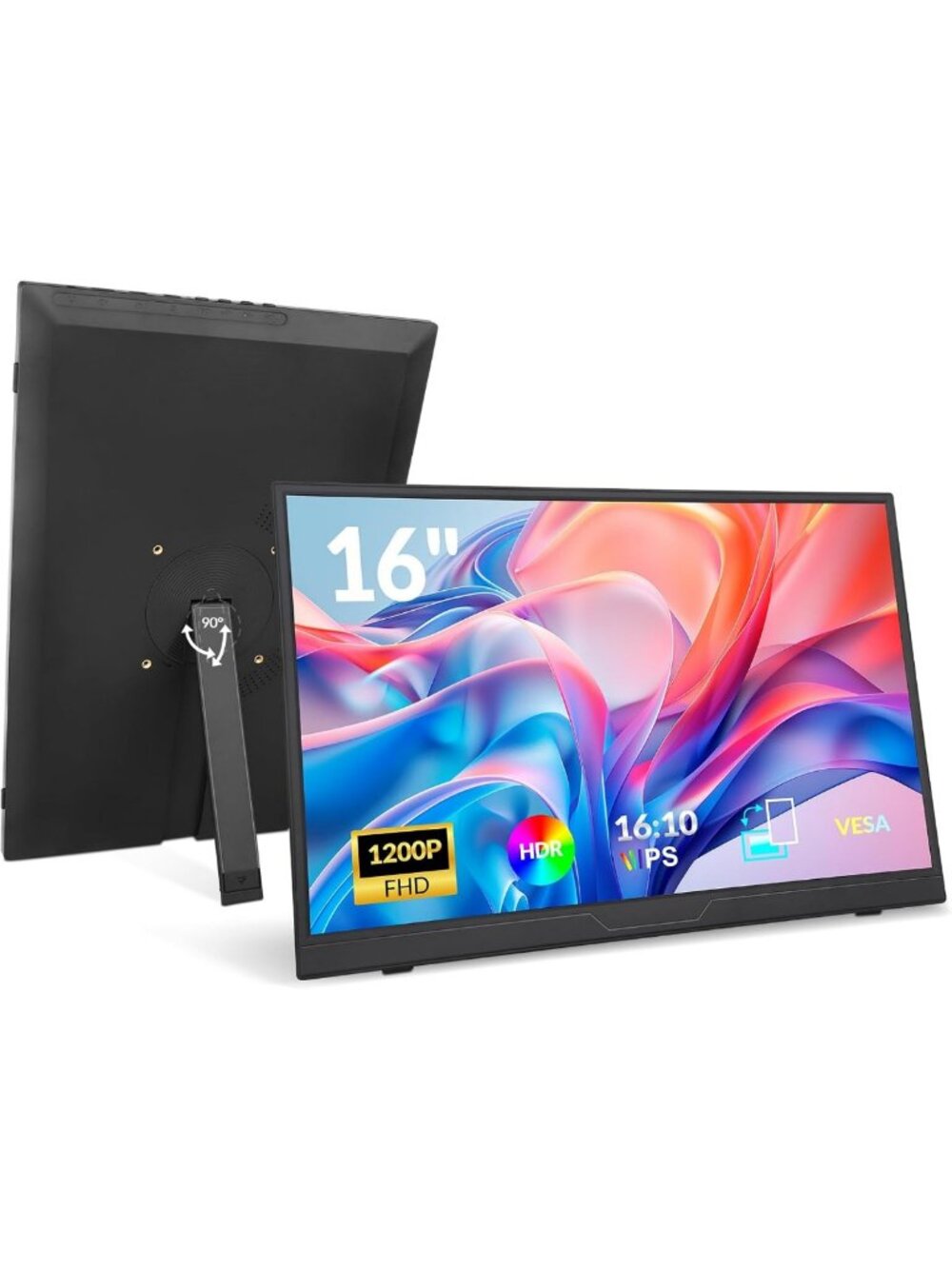 16-Inch Portable FHD Monitor, 1200P, Laptop Screen Extender, VESA Mountable